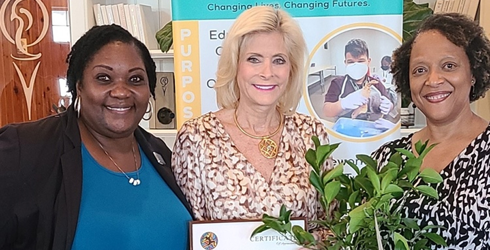 An Image of Supervisor Leslie Swan receiving certificate and plant from Gifford Youth Achievement Center staff